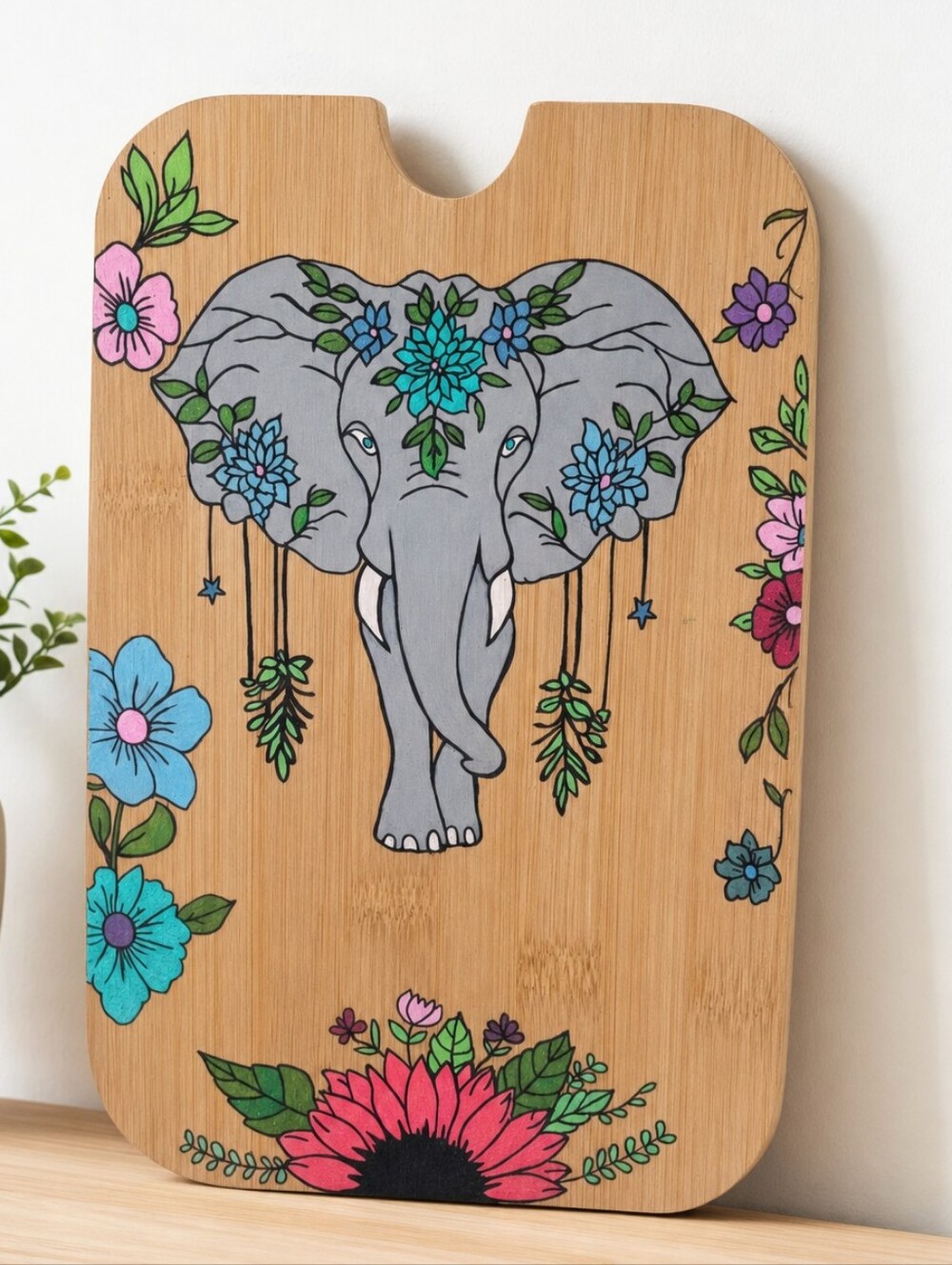 Bamboo Wall Art Panel with Gray Floral Elephant Illustration